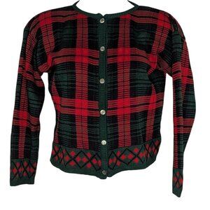 VTG Red Green Tartan Plaid Argyle Metal Button Up Knit Cardigan Academia Revival
